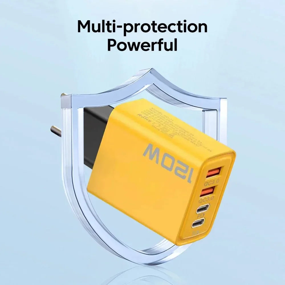 Total 120W 4-Port USB Type C Fast Wall Adapter for Quick Charge Mobile Phone